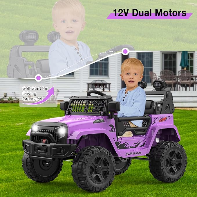 Hetoy 12V Ride on Toys with Parent Remote Control Toddler Electric Vehicle with Spring Suspension, LED Lights, Bluetooth, Music Player, 3 Speeds Ride on Car Truck for Kids Age 3-8 (Purple)