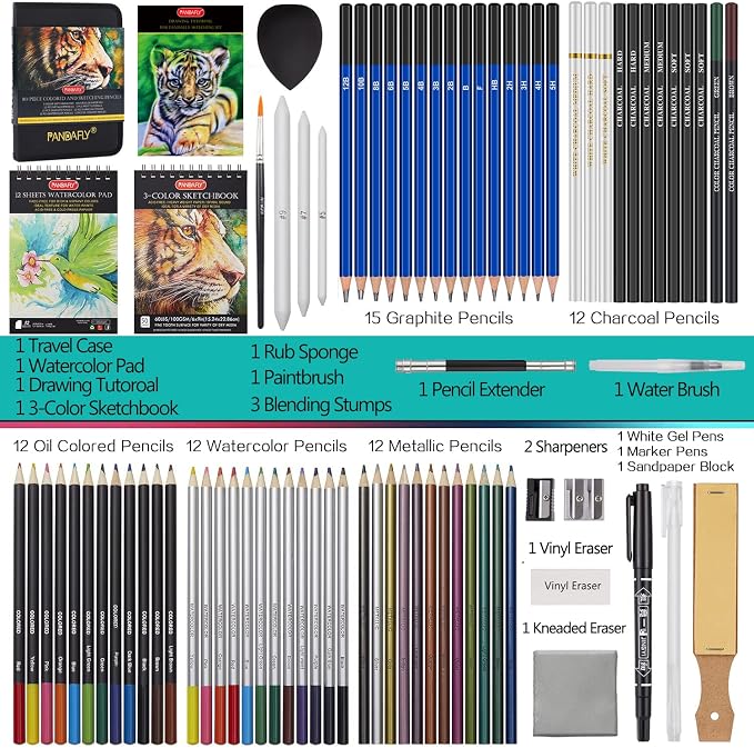 PANDAFLY 80 Drawing Set Sketching Kit, Art Supplies with 3-Color Sketchbook & Watercolor Paper, Include Tutorial, Colored, Graphite, Charcoal, Watercolor & Metallic Pencil, for Beginners & Pro Artists