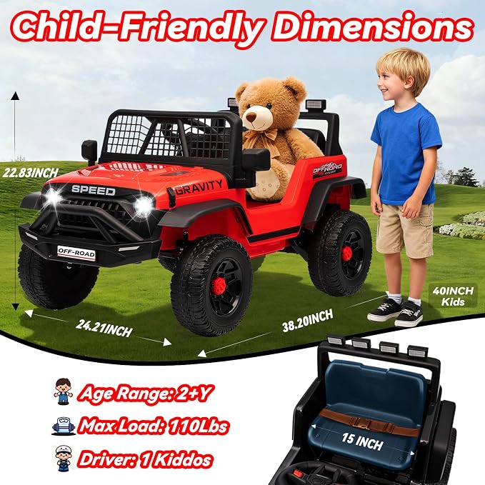 24V Ride on Toys w/Remote Control, 4WD Kids Ride on Truck Car, 3 Speed, Bluetooth Music, Wide Seat, Spring Suspension, LED Light, Birthday for Boys Girls Toddler (Black+Red)