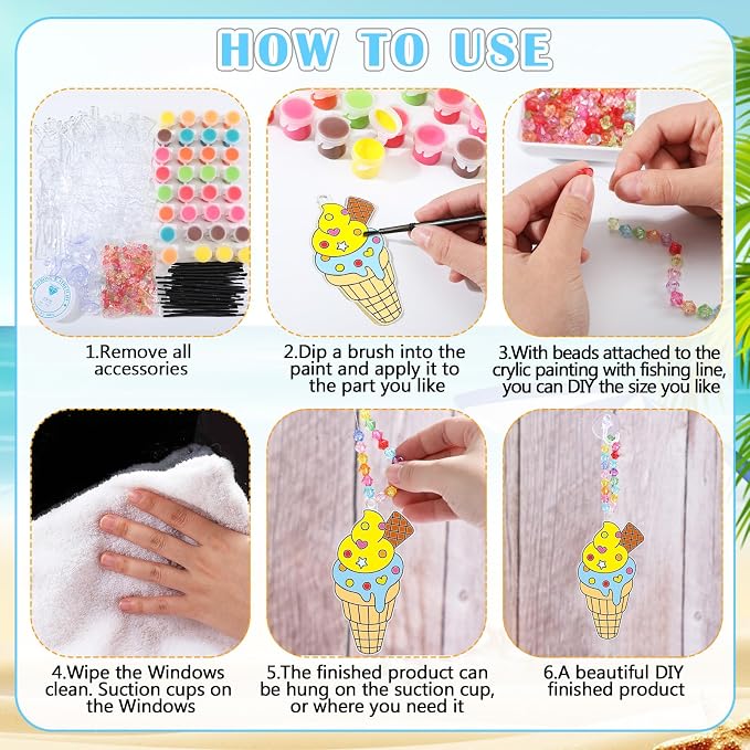 Yaomiao 30 Sets Summer Suncatchers Window Art Drawing Kits DIY Ice Cream Sun Catcher Crafts Bulk Paint Your Own Window Hanging Ornaments for Home Birthday Party Favors Decor Gifts