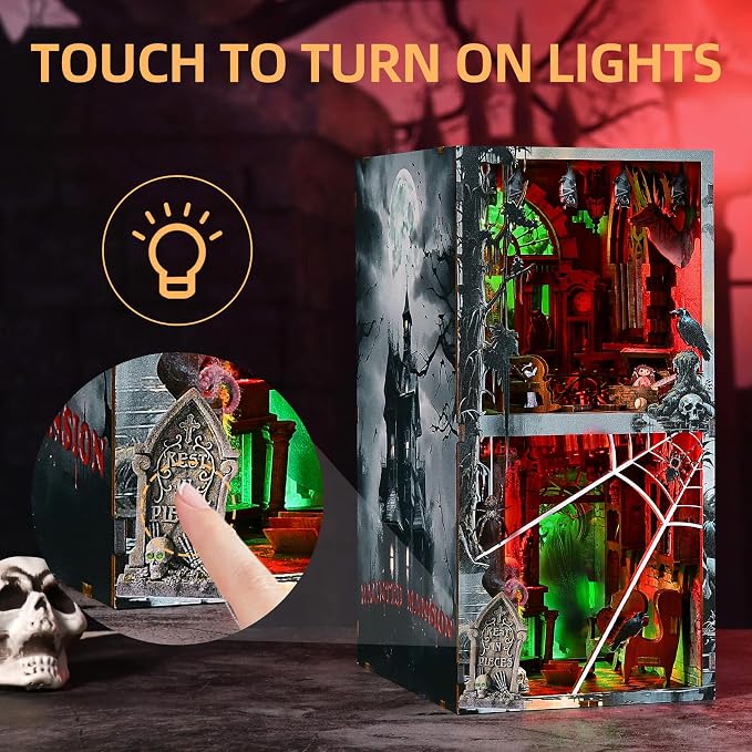 fifijoy Haunted Horror Book Nook Kit, DIY Miniature Dollhouse Halloween Booknook Kit, Spooky Creepy Scary 3D Wooden Puzzle Bookend Bookshelf Insert Decor with LED Light (Haunted Mansion)
