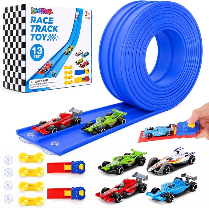 Flexible Race Track Set for Kids: 13 Ft Suction Cup Flex Race Track with 4 Car and 2 Thruster - Rolls Up Portable Racetrack Compatible with Diecast 1/64th Cars Model - Birthday Gifts for Ages 3 4 5 6