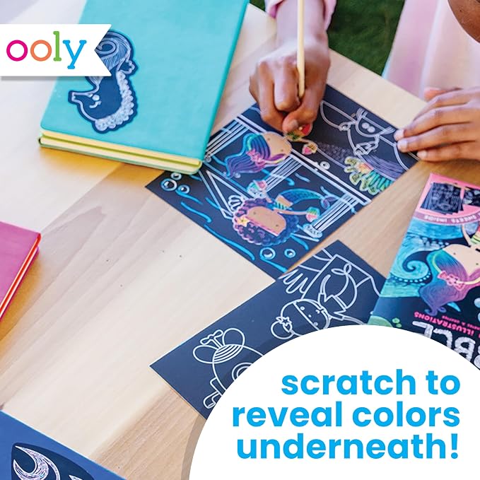 Ooly Scratch & Scribble Travel Crafts for Kids – 1pc Art Kit, Portable Car & Airplane Activity, 8 Scratch Cards + Wooden Stylus + Stickers, Ages 6+ – Ocean Life