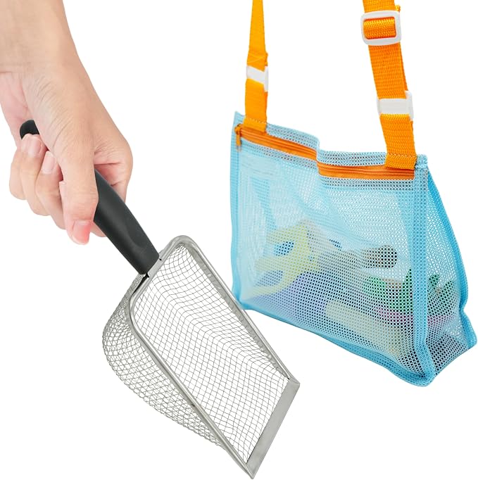 4E's Novelty Shark Tooth Sifter for Beach with Small Mesh Beach Bag for Shell Collecting, Metal Sand Scoop for Picking Up Shells - Beach Toys for Kids (1 Set)