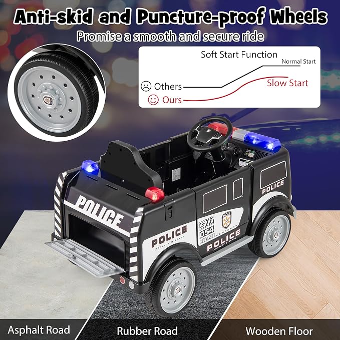 Costzon Ride on Police Car, 12V Battery Powered Electric Cop Cars for Kids w/3 Speeds, Megaphone, Music, FM Radio, Flashing Lights, Sirens, Ride on Toy w/Remote Control for Boys Girls 3+(Police Truck)