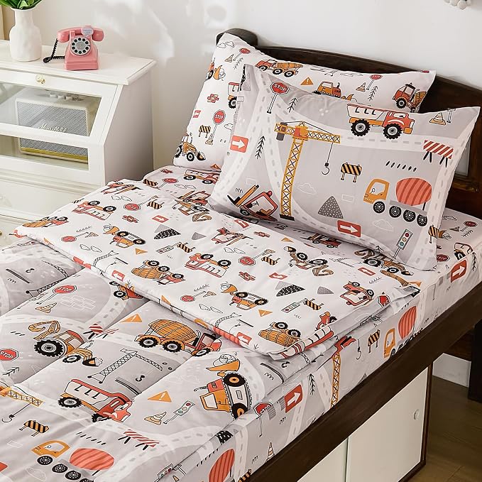 DJY Zipper Bedding Set Full, Cars Bedding Sets for Boys, Kids Construction Comforter Set with Fitted Sheet Pillowcases, All in One Zipper Bed Set for All Seasons