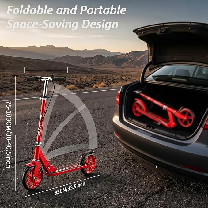 Scooters for Kids 8-12, Teens & Adults - Foldable&Portable Commuter Scooter with 8" Wheels, Bell, Hand Brake & Adjustable Height 30"-40.5", 240 lbs, Manual Push Scooter for Campus & Park
