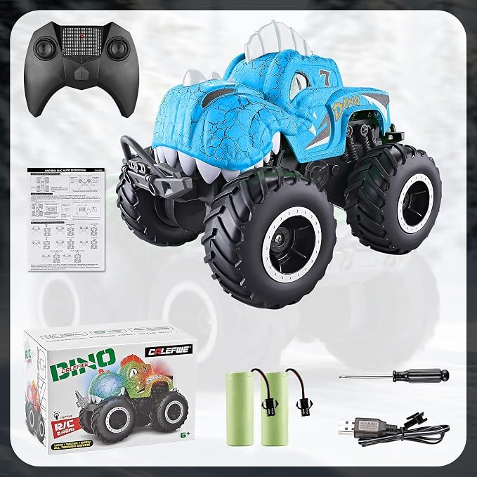 Amphibious Remote Control Car, 1:20 Waterproof Dinosaur Monster Trucks for Boys Age 4-7, 2.4GHz All Terrain RC Cars with 2 Batteries, 360° Rotating Stunt RC Car Toy Birthday Gift for Kids 3-5