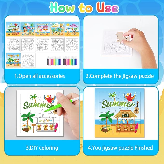 Fennoral 24 Pack Summer Craft Kit for Kids Bulk Make You Own Summer Jigsaw Puzzle with Base Design DIY Coloring Art and Craft for Classroom Activity Luau Party Supplies Birthday Gifts,4.7inch
