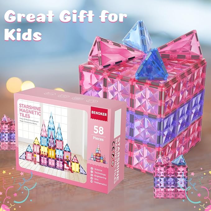 BENOKER Pink Castle Magnetic Tiles for Kids Ages 3-8, 3D STEM Toys with Sparkling Building Blocks, Creative Educational Gift for Boys and Girls, Preschool Learning Toys for Birthday