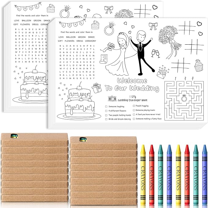Pasimy 24 Set Wedding Activity for Kids Including 24 Pcs Wedding Coloring Placemats Books Sheets and 24 Pcs Coloring Crayons Individually Packaged for Reception Guest Party Favors, 15.7''x11''