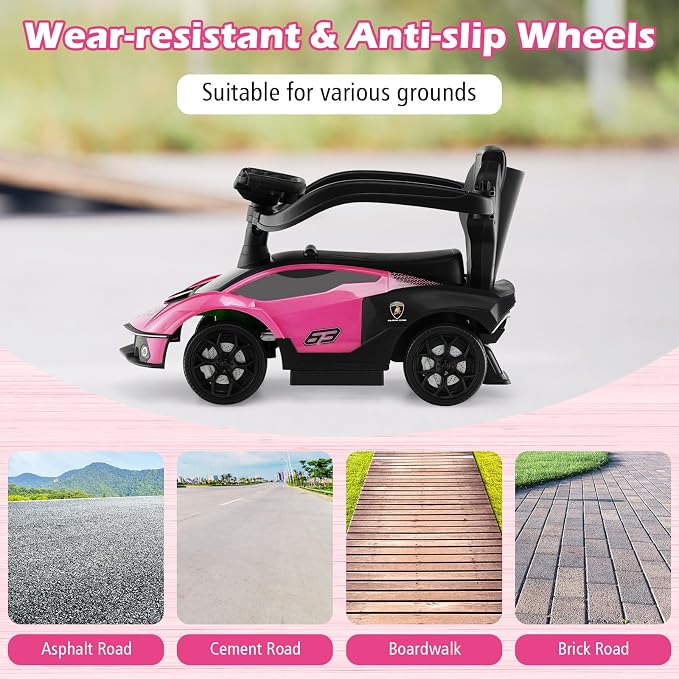 Costzon Push Cars for Toddlers, 3 in 1 Licensed Lamborghini Stroller Sliding Walking Car w/Handle, Armrest Guardrail, Underneath Storage, Horn, Foot-to-Floor Ride On Toy for Boys Girls (Pink)