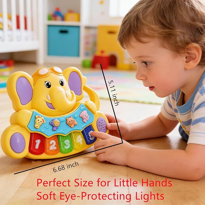 Baby Piano Drum Music Toy 6-12 Months, Elephant Light Up Musical Keyboard Animal Sound, Toddler 12-24 Early Learning Educational Interactive Infant Toys Girl Boy Gift 1 Year Old