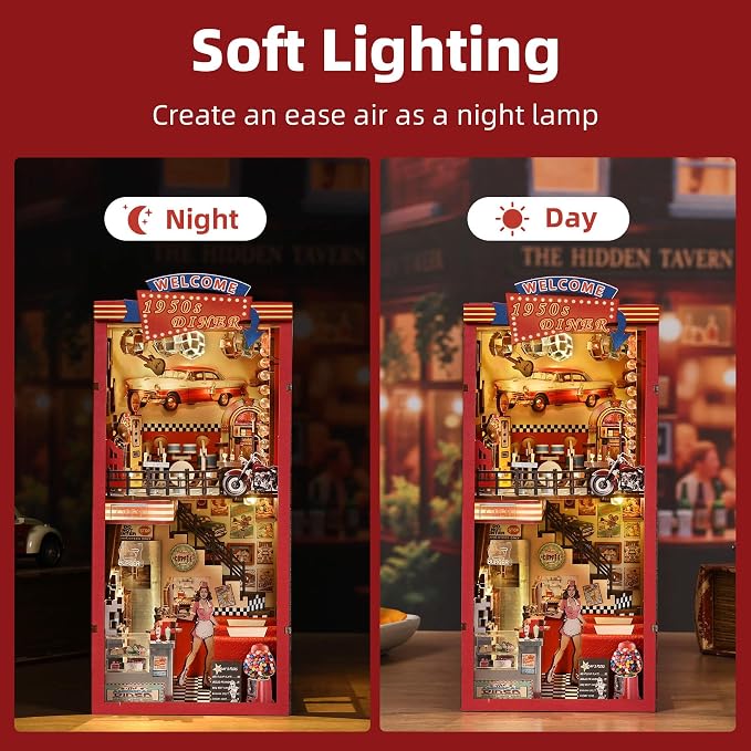 fifijoy Book Nook Kit - DIY Miniature House Dollhouse Kit for Adults and Teens, Booknook Retro Diner Bookshelf Decor 3D Wooden Puzzle with LED Light, Gifts for Family and Friends (1950s Diner)