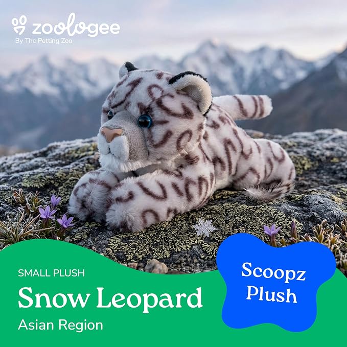The Petting Zoo Snow Leopard Stuffed Animal Plushie, Gifts for Kids, Scoopz Wildlife Animals, Leopard Plush Toy, 8 inches