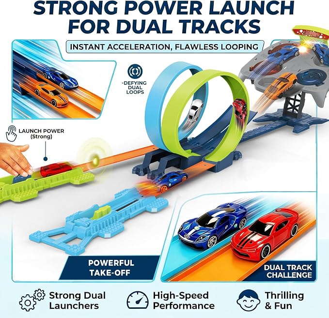 Dual Toy Car Race Track Set for Kids 2 Player Loop & Launch Car Track Toy with Score Points, 4 Metal Alloy Racing Cars, Interactive Sound Effects & Competitive Stunt Challenge for Boys & Girls