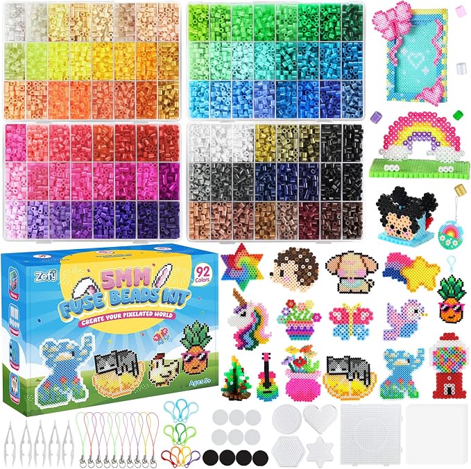 Zefy Fuse Beads Kit 92 Colors 19200 Pcs Melting Beads 5mm, Including 124 Patterns, 6 Pegboards, Ironing Paper, Tweezers & Hooks, Home School Arts and Crafts for Kids, Toys Gifts for Girls and Boys