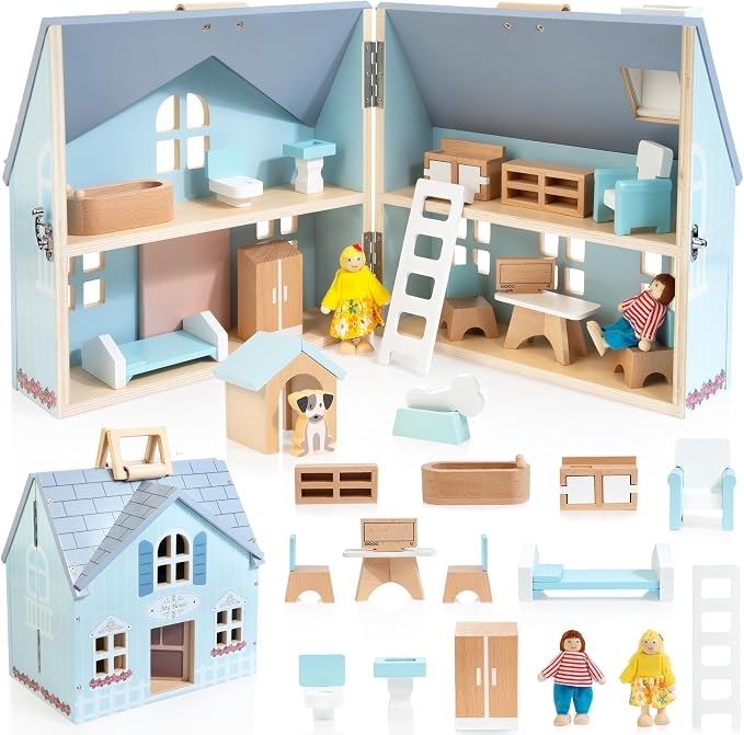 WOODMAM Foldable Wooden Dollhouse with 2 Dolls & Pet Set, 20PCS Furniture Wooden Doll House for Girls Age 3-6, Portable Pretend Play Toy, Christmas Birthday Gift for Toddlers