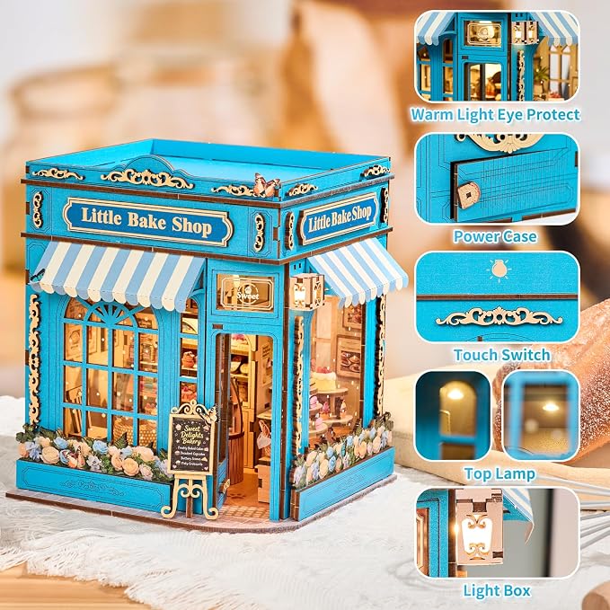 DIY Miniature Dollhouse Kit - 3D Wooden Puzzle for Adults, Illuminated Bakery Model Craft Kit with LED Light, Creative Diorama Room Decor & Hobby Gift,Little Bake Shop