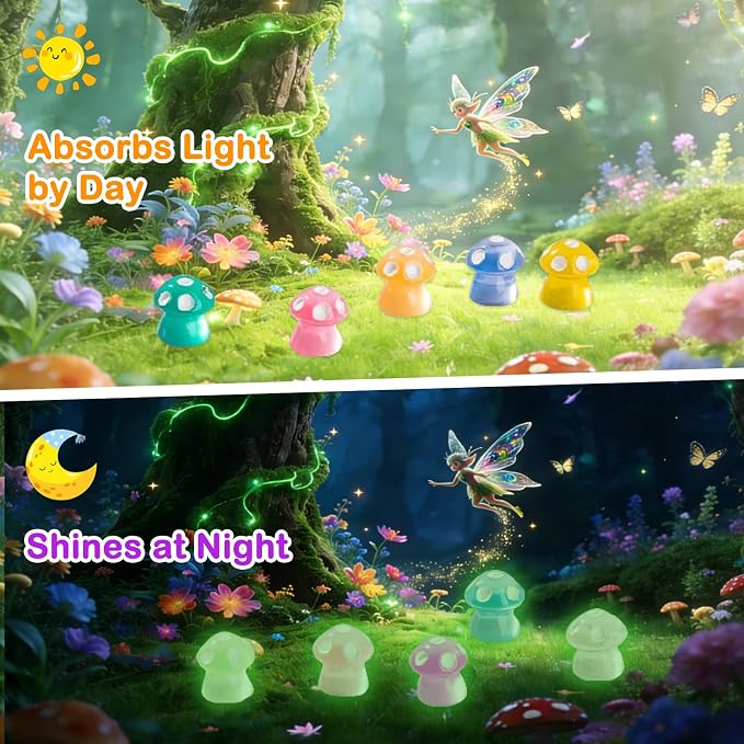 50PCS Glow in The Dark Mushroom Mini Figures Mystery Blind Bag, Luminous Resin Mini Mushroom Figurines Bulk, Cute Tiny Glow Toys, Fairy Garden Accessories, DIY Crafts, Party Favor Surprise Collectible