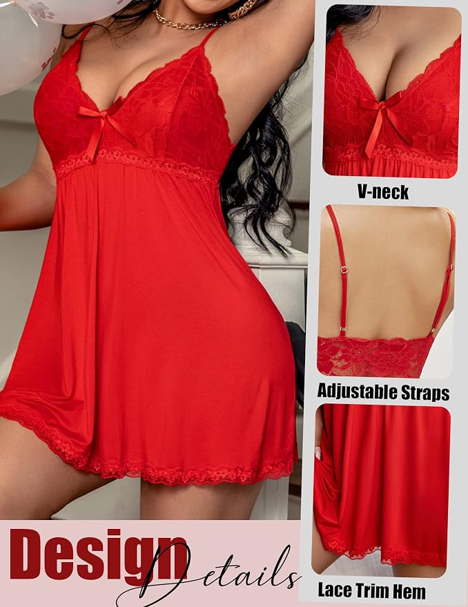 Avidlove Women Nightgown Sexy Sleepwear Lace Chemise V-neck Modal Babydoll Lounge Dress