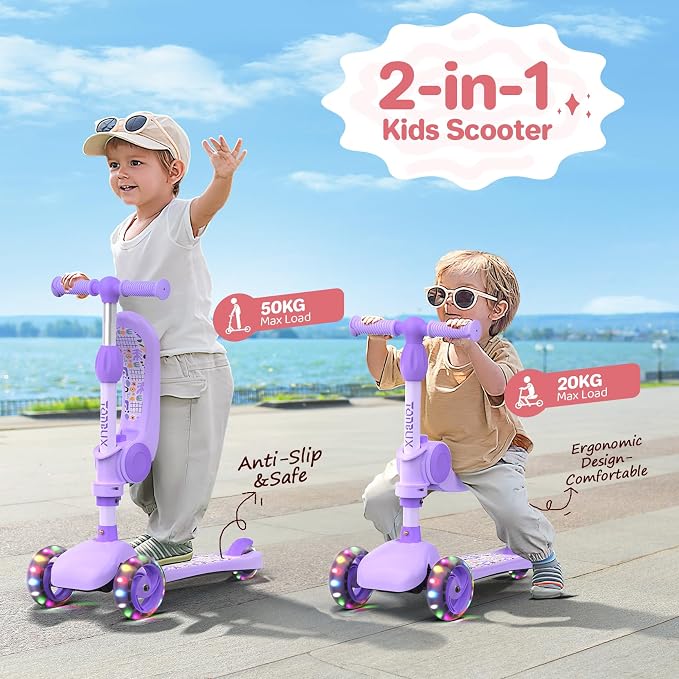 TONBUX Kids Scooter with Seat, 3 Wheels Scooter with PU Luminous Wheels, Non-Slip Handle and Wide Deck, Sensitive Brakes, 4-Level Adjustable Height, Scooters for Kids 2–8 Years