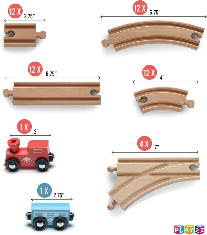 Wooden Train Tracks - 52 PCS Wooden Train Set + 2 Bonus Toy Trains - Train Sets For Kids - Car Train Toys Is Compatible With Thomas Wooden Railway Systems and All Major Brands - Original - By Play22
