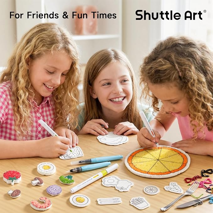 Shuttle Art 104 Pcs Magic Foam Texture Painting Kit Food Series: 34 Food Foam Pieces, Paper Plates, Forks & Knives, 12 Acrylic Paint Markers, Magical 3D Effect DIY Art Craft for Kids Ages 3-12