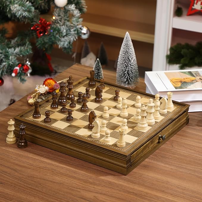 Peradix Magnetic Chess Checkers Board Sets with 2 Built-in Storage Drawers,12.8" Classic 2 in 1 Wooden Games with 2 Extra Queens for Kids and Adults,Travel Portable Chess Game Set