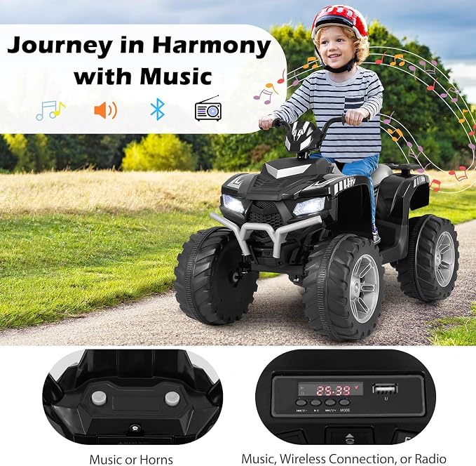 Costzon Kids ATV, 24V Four Wheeler Quad Ride on Car w/Forward/Backward, 2 Speeds, Wireless Connection, Music, Radio, LED Lights, Electric Vehicle Toddler 4 Wheeler for Kids, Boys & Girls 3-8 (Black)