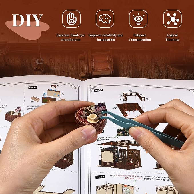 fifijoy Book Nook Kit Music, DIY Miniature House Kit Book Nook, 3D Wooden Puzzle Bookshelf Insert Diorama Kit with Led Light for Teens and Adults (Timeless Melody)