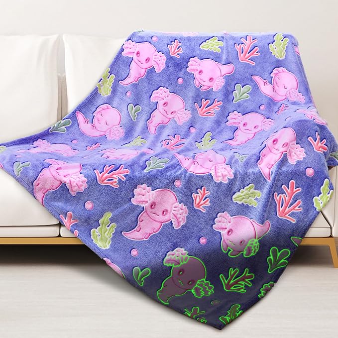 Axolotl Toys for Kids Glow in The Dark Blanket Girls Salamander Blankets Cute Animals Fish Soft Throw Blankets Room Decor 40 "X 50"