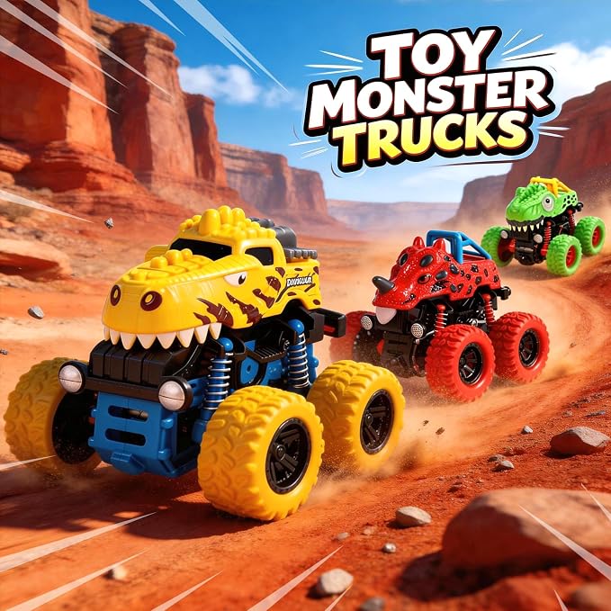 Dinosaur Toys for 2 3 4 5 Year Old Boys - 3 Pack Monster Truck Toys with Friction Power 360° Rotating Push and Go Cars for Toddlers Ages 2-4-6 - Boys Girls Birthday Gifts for Kids 3-5