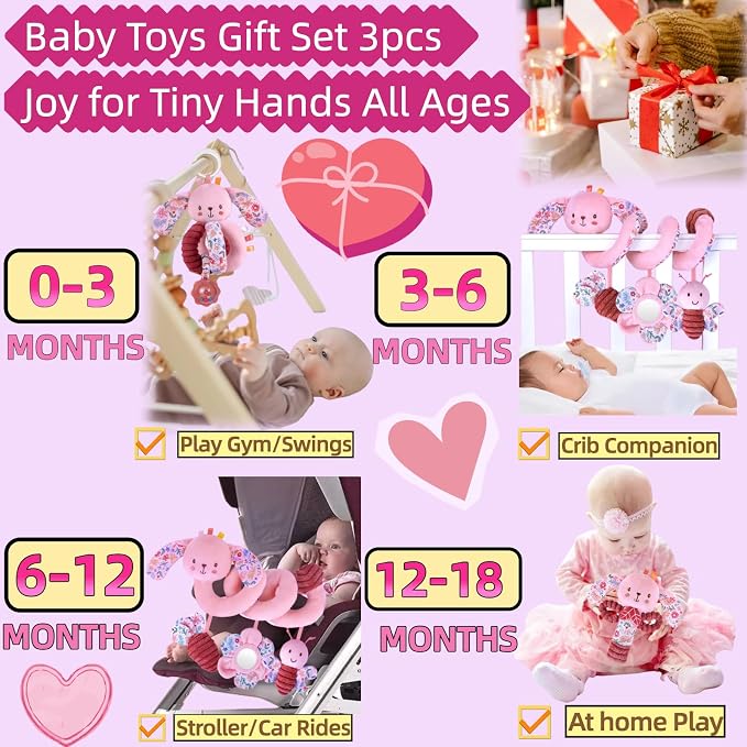Baby Spiral Car Seat Toys for Babies 0-6 Months Girl, Stroller Hanging Stuffed Animal Carseat Crinkle Rabbit Toy 0-3-4-5-6-7-8-9-12 Month, Newborn Infant Toddler Birthday Gifts Set Bunny 3PCS