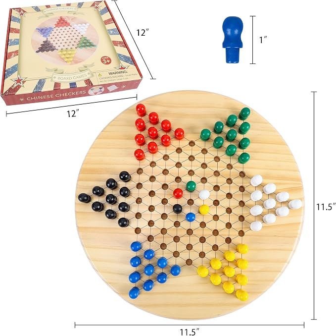 Gothink Chinese Checkers Board Game Toy for Adults Seniors Kids, 11.5 inches Classic Wooden Checkers Game Set, 66 Wooden Pegs in 6 Bright Colors, Fun Family Board Games for All Ages