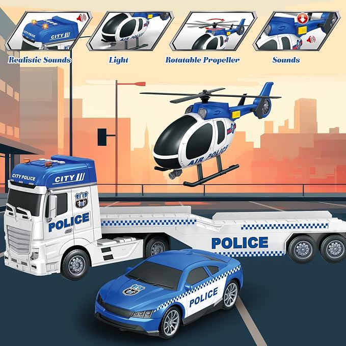 3-in-1 Police Truck Toys for Kids Ages 3-6 – 25.6 Inch Extra-Large Inertia Semi Trailer with Lights & Sounds, Detachable Light & Sound Helicopter and Police Car