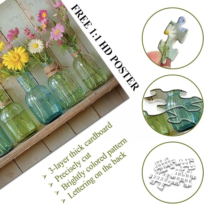 Wildflower 1000 Piece Puzzle for Adults, PICKFORU Whispering Blooms Summer Flower Garden Jigsaw Puzzle, Challenging Retro Vibrant Sunflower Vase Theme as Home Decor