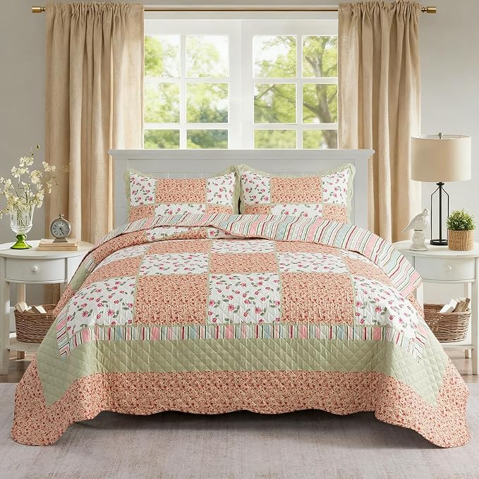 NEWLAKE Quilt Set Queen Size, Bedspread Sets Warm Orange Floral, Reversible Quilt Bedding Set Lightweight and Breathable for All Seasons, Soft Quilted Bedspread with 2 Pillow Shams