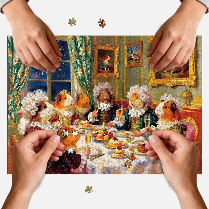 1000 Piece Jigsaw Puzzle for Adults, Whimsical Guinea Pig | Royal Banquet Oil Painting, Impossible Puzzle with Storage Bag, Lovely Wall Decor & Gift for Animal Lovers, 27.56" x 19.7"