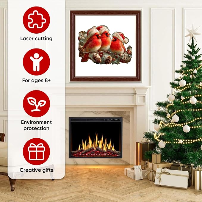 MEATRN Christmas Cardinal Wood Puzzles Adult – Three Baby Birds with Santa Hat, 199Pcs Wooden Jigsaw Puzzle for Festive Holiday Fun, Teens’s Party and Winter Activity 12.2"×8.9"