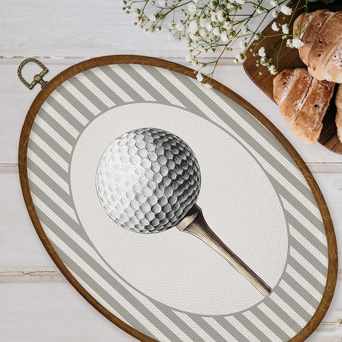 WULQYING Golf Ball Sports Nursery Wall Art Decor, Boys Room Oval Framed Canvas Art Prints, Neutral Striped Sport Lover Gift Wall Hanging Decor for Kids Nursery Room Playroom, 8.5x11.3 Inches