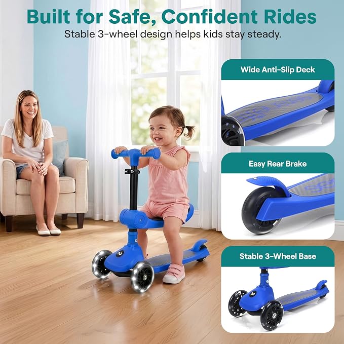 SereneLife 3 Wheel Scooter for Toddlers & Kids, Foldable Seat, LED Wheels, Adjustable Handlebar, Anti-Slip Deck, Rear Foot Brake, Lean-to-Steer, Kid Scooter Ages 18M–7Y, Supports up to 110 lbs., Blue