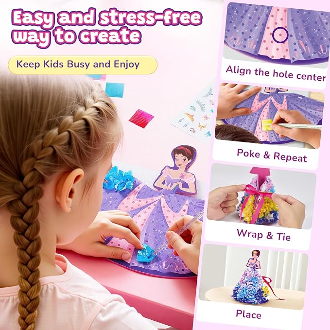 Poke-in Craft Kit for Girls, 3D Castle Princess Dress Up DIY Set with Fairy Tale Castle Scene, Paper Craft Kits, Mess-Free Creative Activity, Arts and Crafts & Birthday Gift for Girls Age 4-8 Year Old