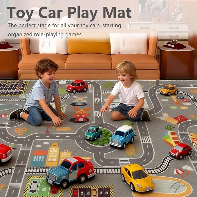 Kids Rug Play Mat Great for Playing with Cars and Toys,Educational Kid Road and Traffic City Life Carpet,Children Baby Fun Throw Rug for Bedroom Play Room,55X79Inch/140X200CM
