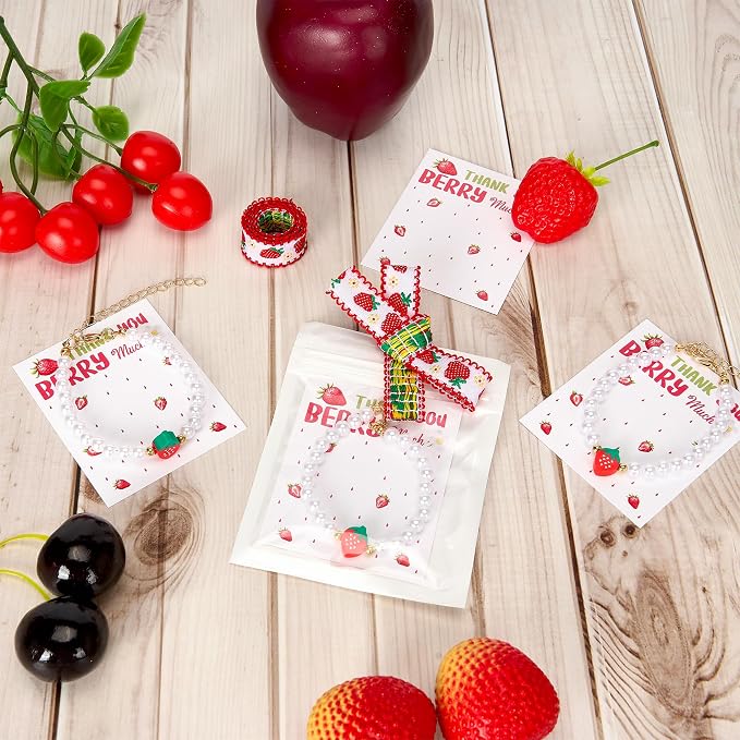 12 Pack Strawberry Party Favors - Red Bracelets with “Thank You Berry Much” Cards, Ribbons & Gift Bags, Strawberry Theme Party Goodie Bag Fillers