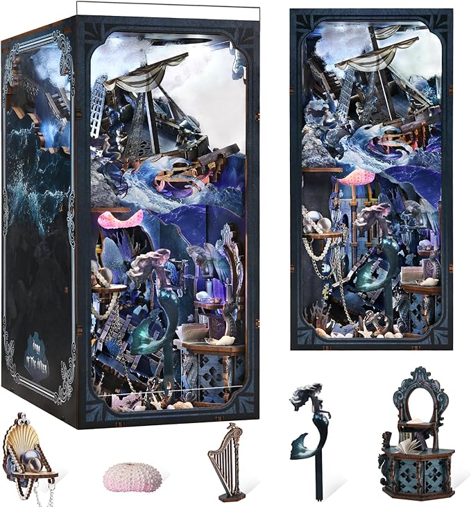 CCCDF Book Nook Kit, 3D Wooden Puzzle for Adults Teen, DIY Ocean Miniature Dollhouse Booknook Kit with Led Light and Dust Cover (Song of The Sirens)