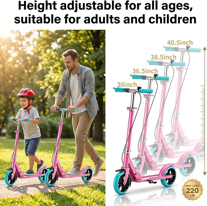Scooters for Kids 8-12, Teens & Adults - Foldable&Portable Commuter Scooter with 8" Wheels, Bell, Hand Brake & Adjustable Height 30"-40.5", 240 lbs, Manual Push Scooter for Campus & Park