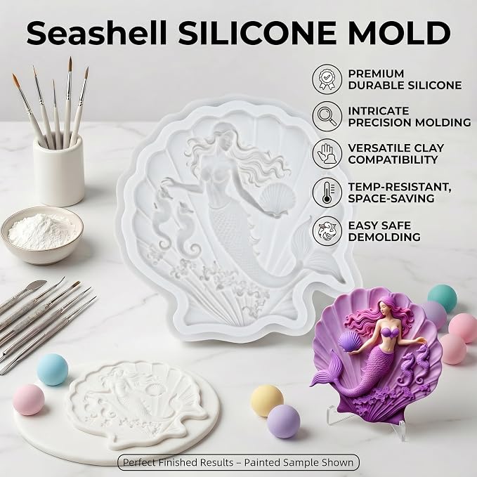 Seashell Silicone Mold Shell Mermaid Seahorse Polymer Clay Molds for DIY Craft Epoxy Resin Casting Polymer Clay Tools Crafts Air Dry Jewelry Making