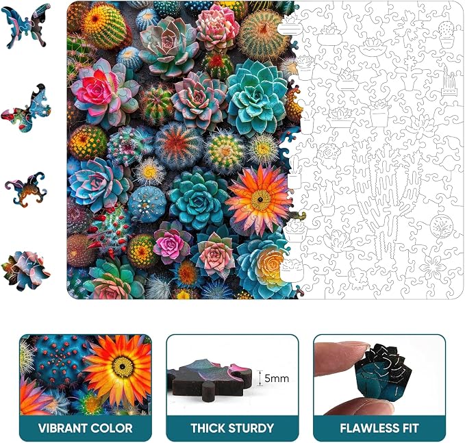 Mys Aurora Puzzles for Adults Cactus World Wooden Puzzles, 300 Pieces Unique Shaped Succulent Jigsaw Puzzles, Birthday for Adults and Kids, Fun Family Game 14.87'' x 11.2'' Medium Size