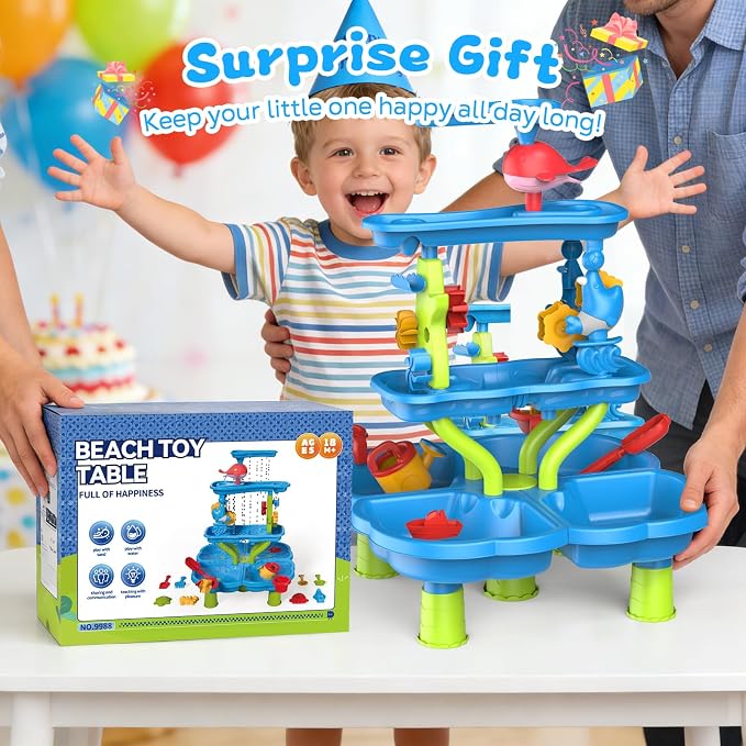 MoKo 4-Tier Water Table with 20 Toy Accessories, Toddler Water and Sand Activity Sensory Playset, Kids Summer Outdoor Toys for Beach Backyard Outdoor, Gift for Toddlers, Blue Dolphin Pink Whale